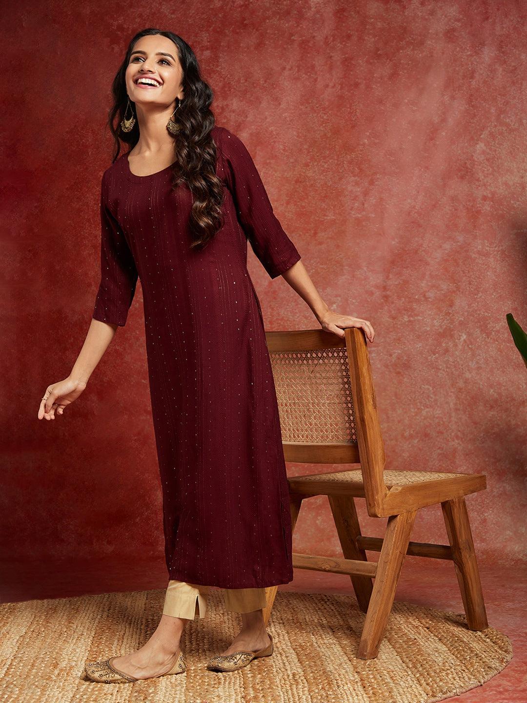 Maroon Woven Design Rayon Straight Kurta - Libas