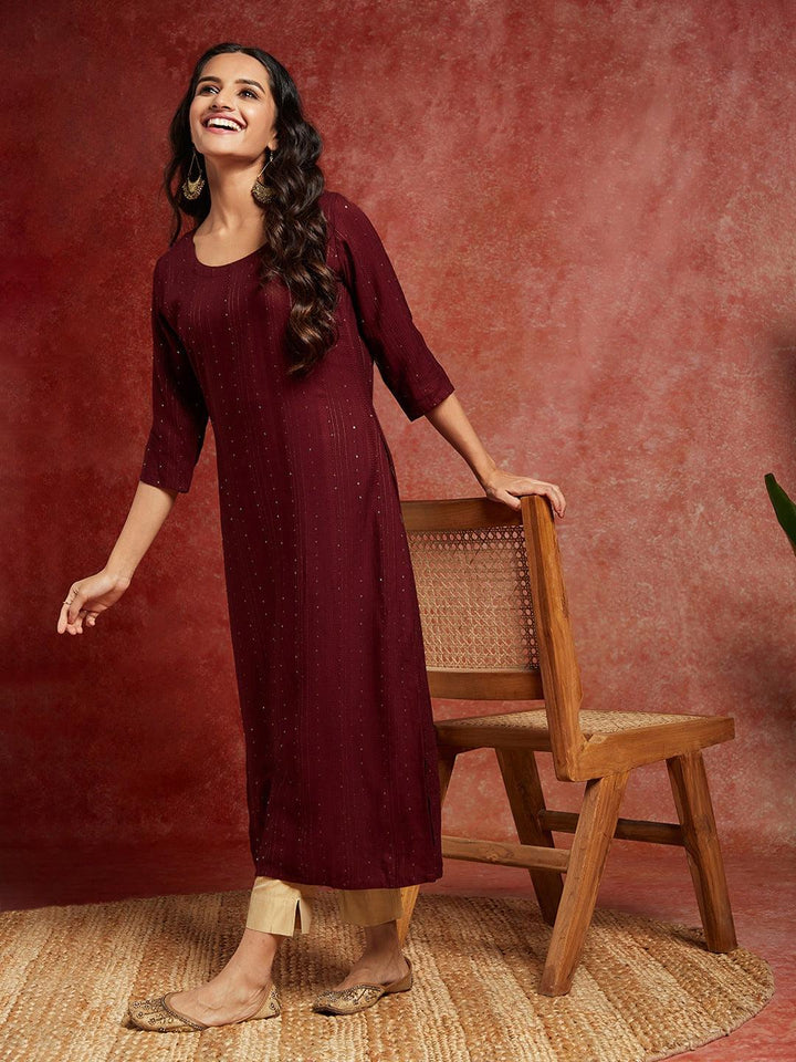 Maroon Woven Design Rayon Straight Kurta - Libas