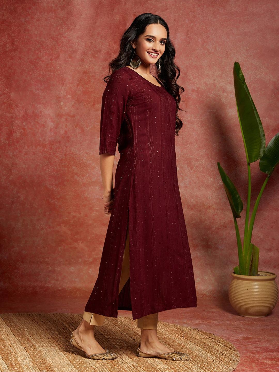 Maroon Woven Design Rayon Straight Kurta - Libas 