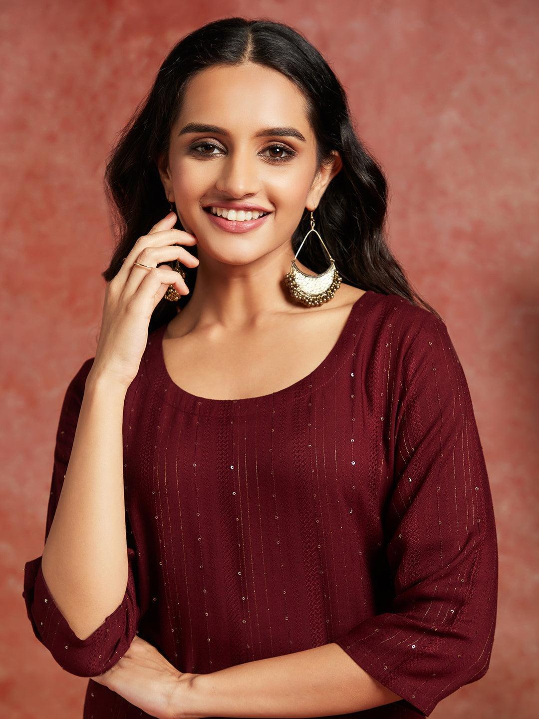 Maroon Woven Design Rayon Straight Kurta - Libas