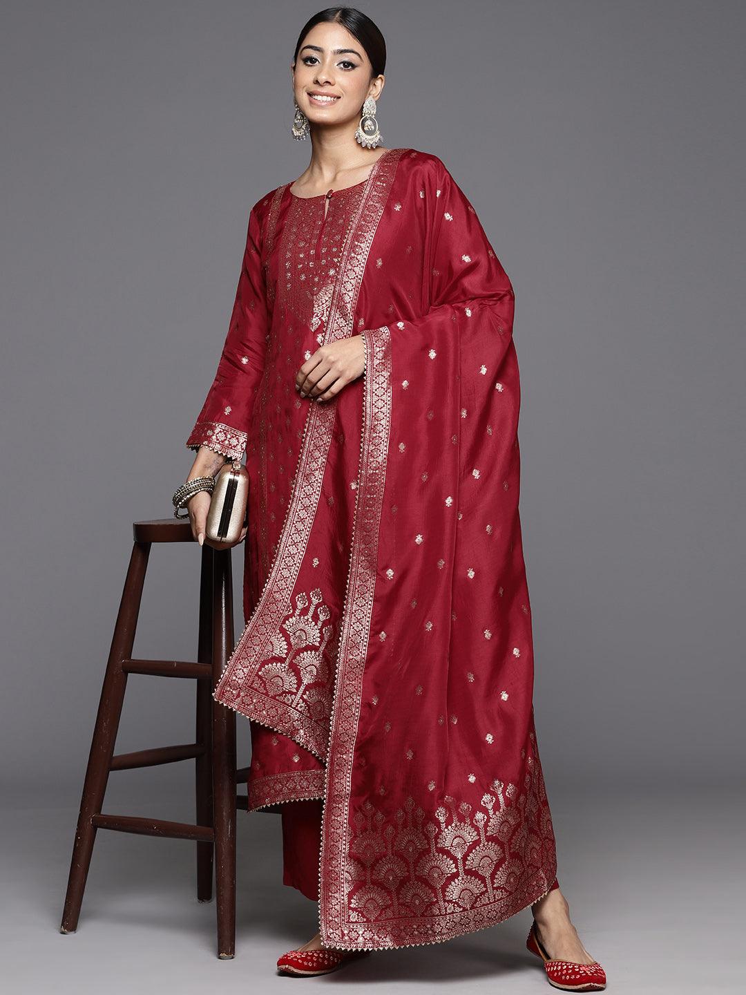 Maroon Woven Design Silk Straight Kurta With Trousers & Dupatta - Libas