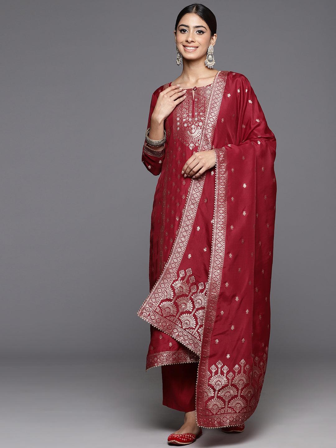 Maroon Woven Design Silk Straight Kurta With Trousers & Dupatta - Libas