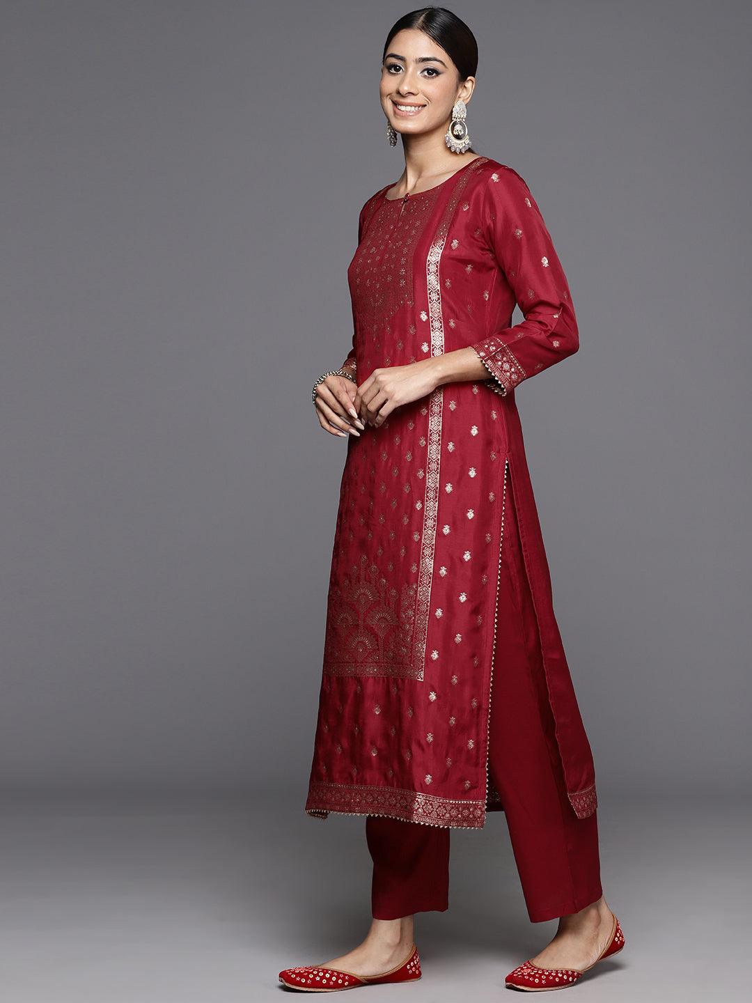 Maroon Woven Design Silk Straight Kurta With Trousers & Dupatta - Libas