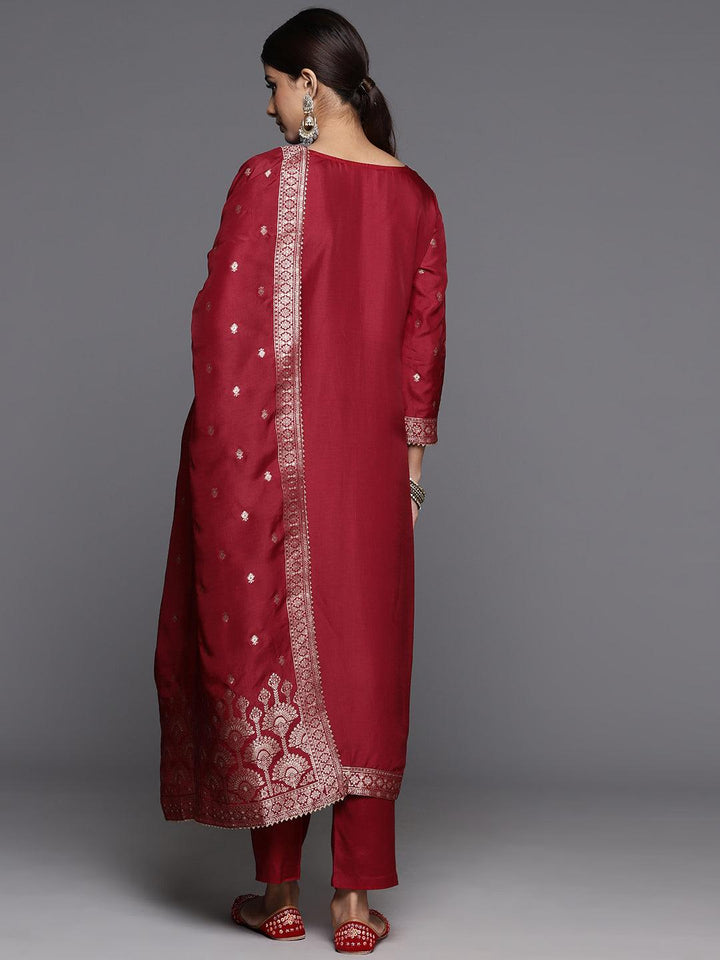 Maroon Woven Design Silk Straight Kurta With Trousers & Dupatta - Libas