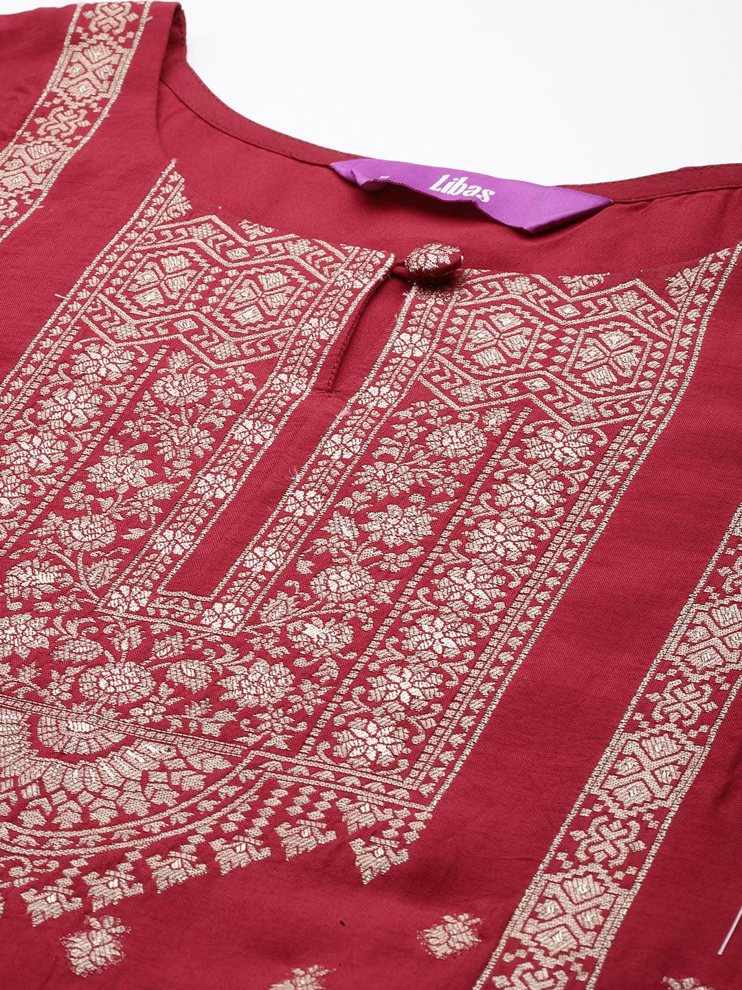 Maroon Woven Design Silk Straight Kurta With Trousers & Dupatta - Libas