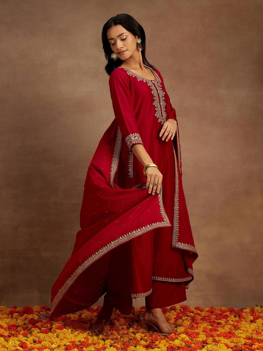 Maroon Yoke Design Silk Blend A-Line Kurta With Palazzos & Dupatta - Libas 