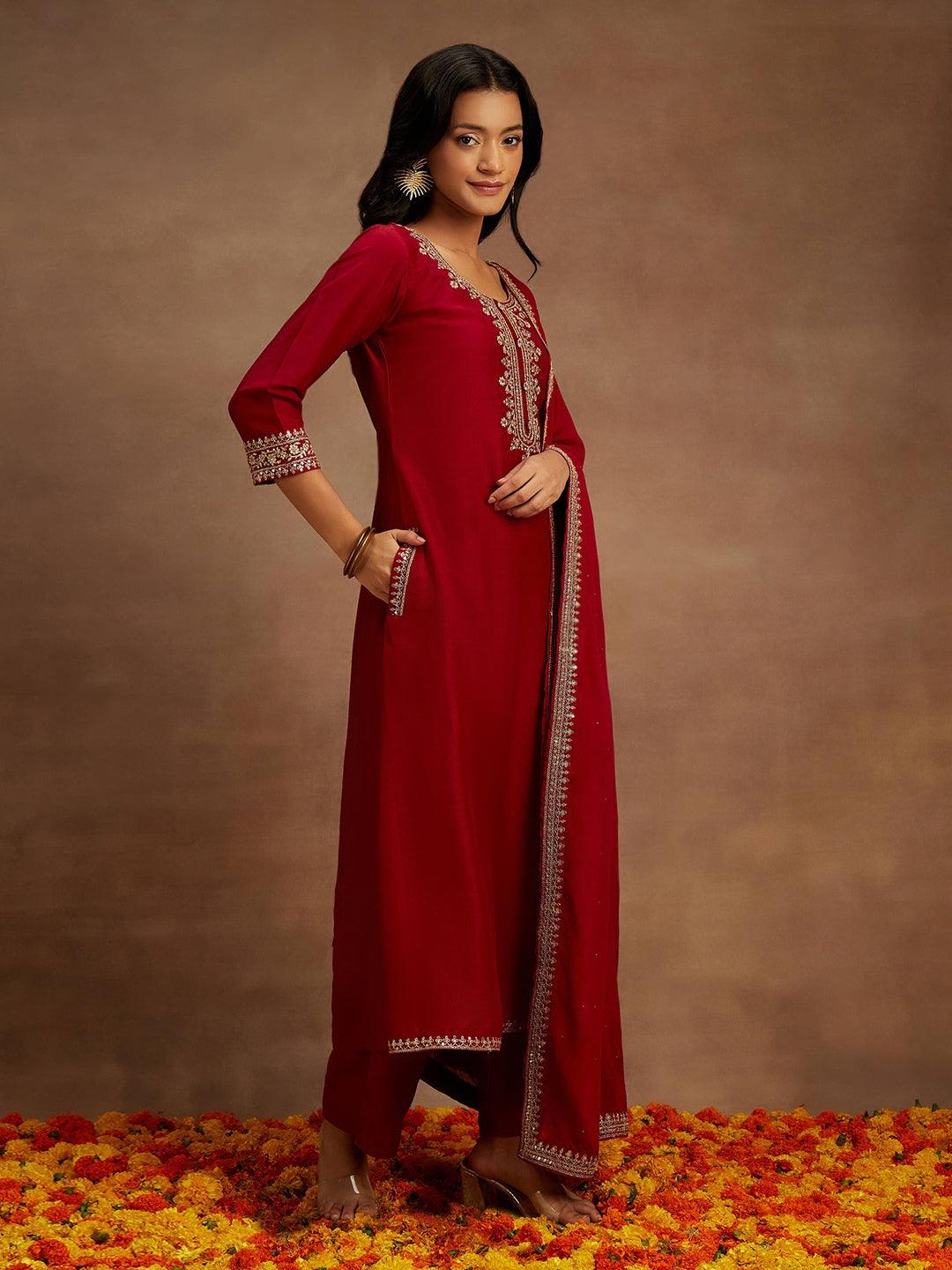 Maroon Yoke Design Silk Blend A-Line Kurta With Palazzos & Dupatta - Libas 