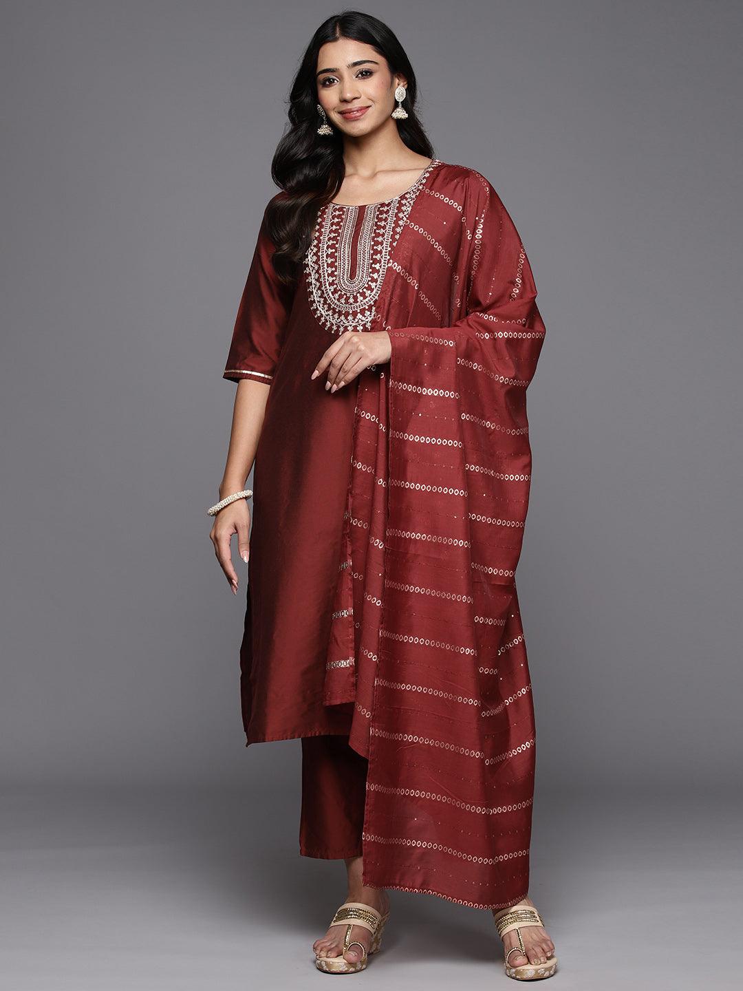 Maroon Yoke Design Silk Blend Straight Kurta With Trousers & Dupatta - Libas 