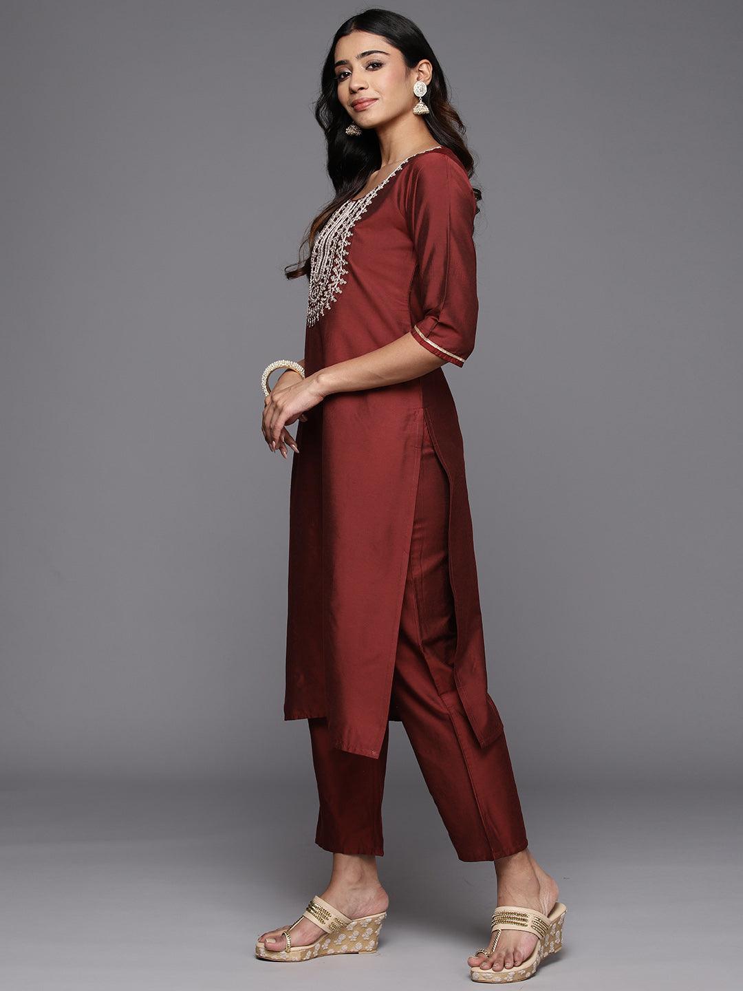 Maroon Yoke Design Silk Blend Straight Kurta With Trousers & Dupatta - Libas 