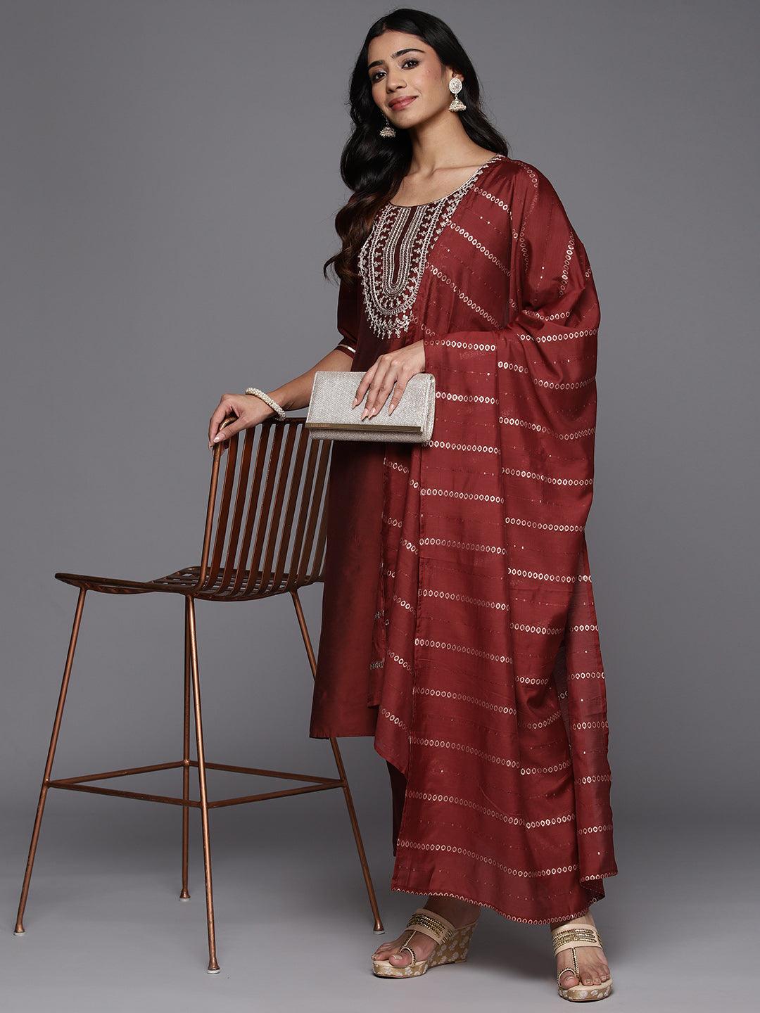 Maroon Yoke Design Silk Blend Straight Kurta With Trousers & Dupatta - Libas 