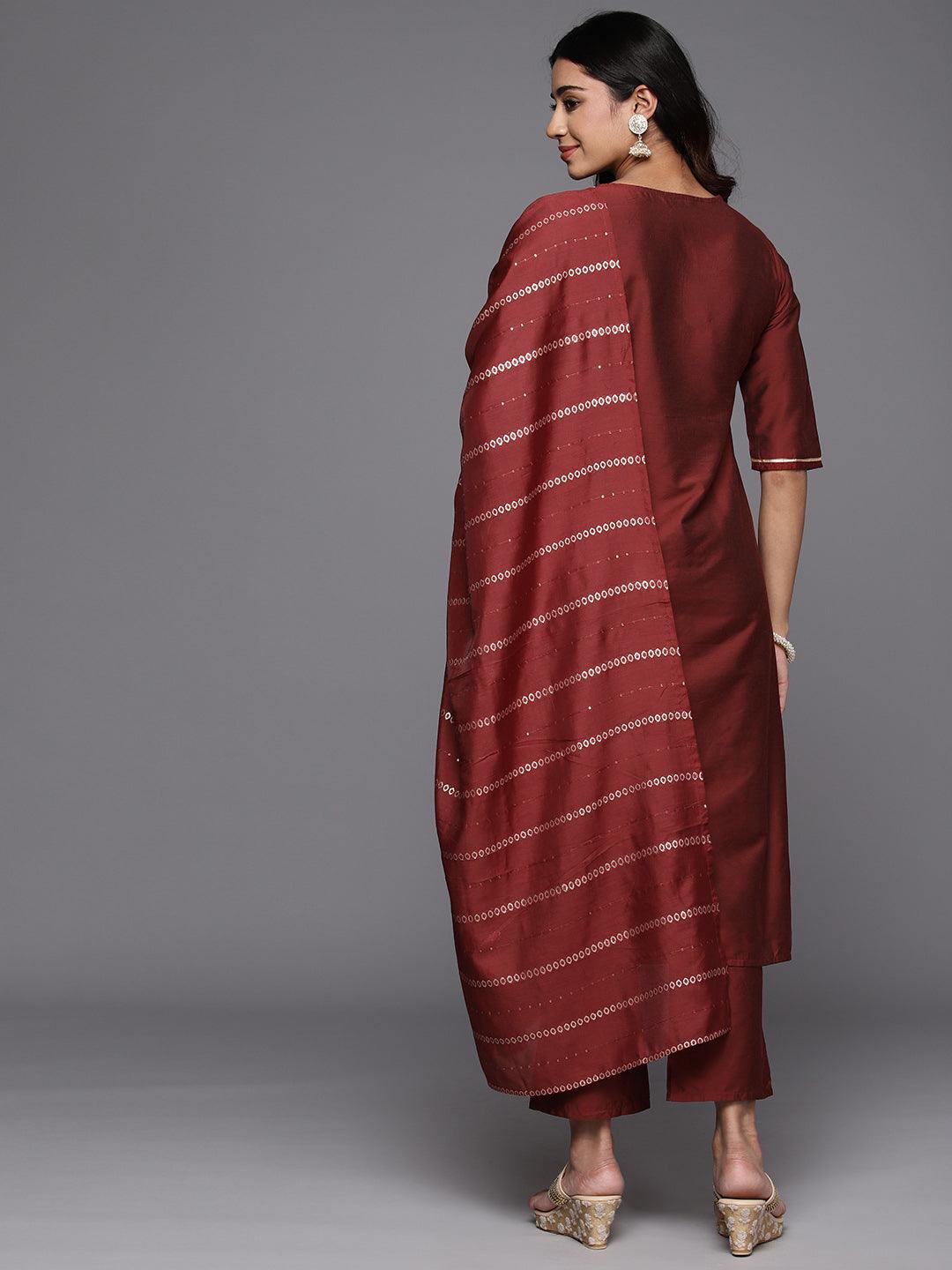 Maroon Yoke Design Silk Blend Straight Kurta With Trousers & Dupatta - Libas 