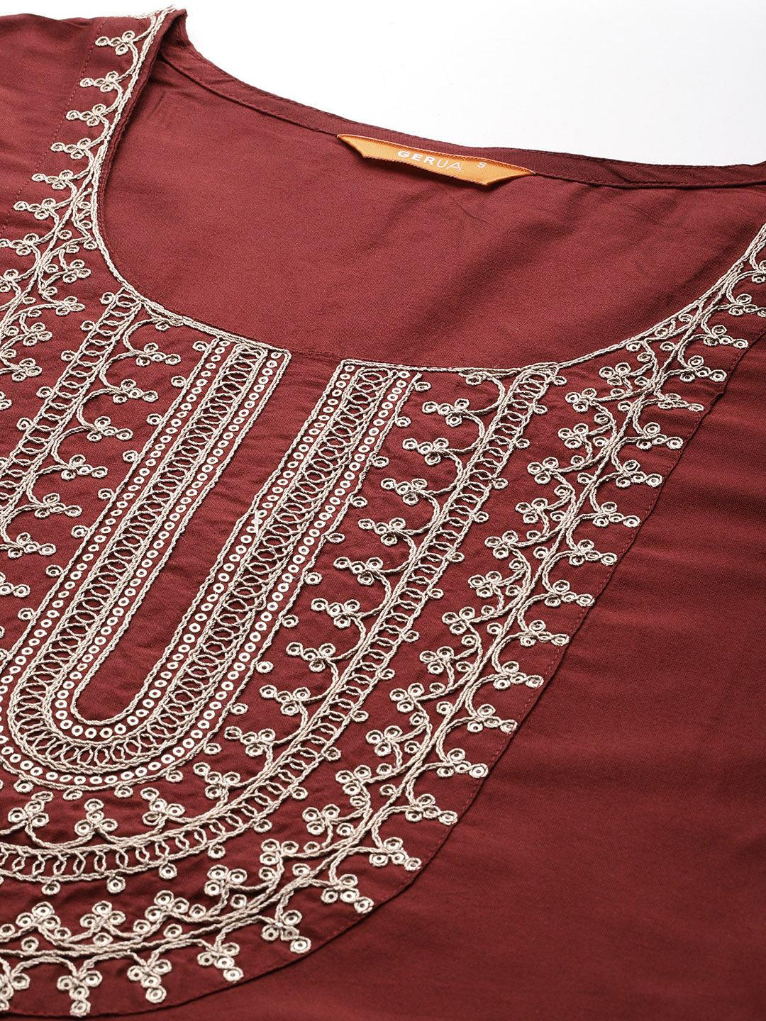 Maroon Yoke Design Silk Blend Straight Kurta With Trousers & Dupatta - Libas 