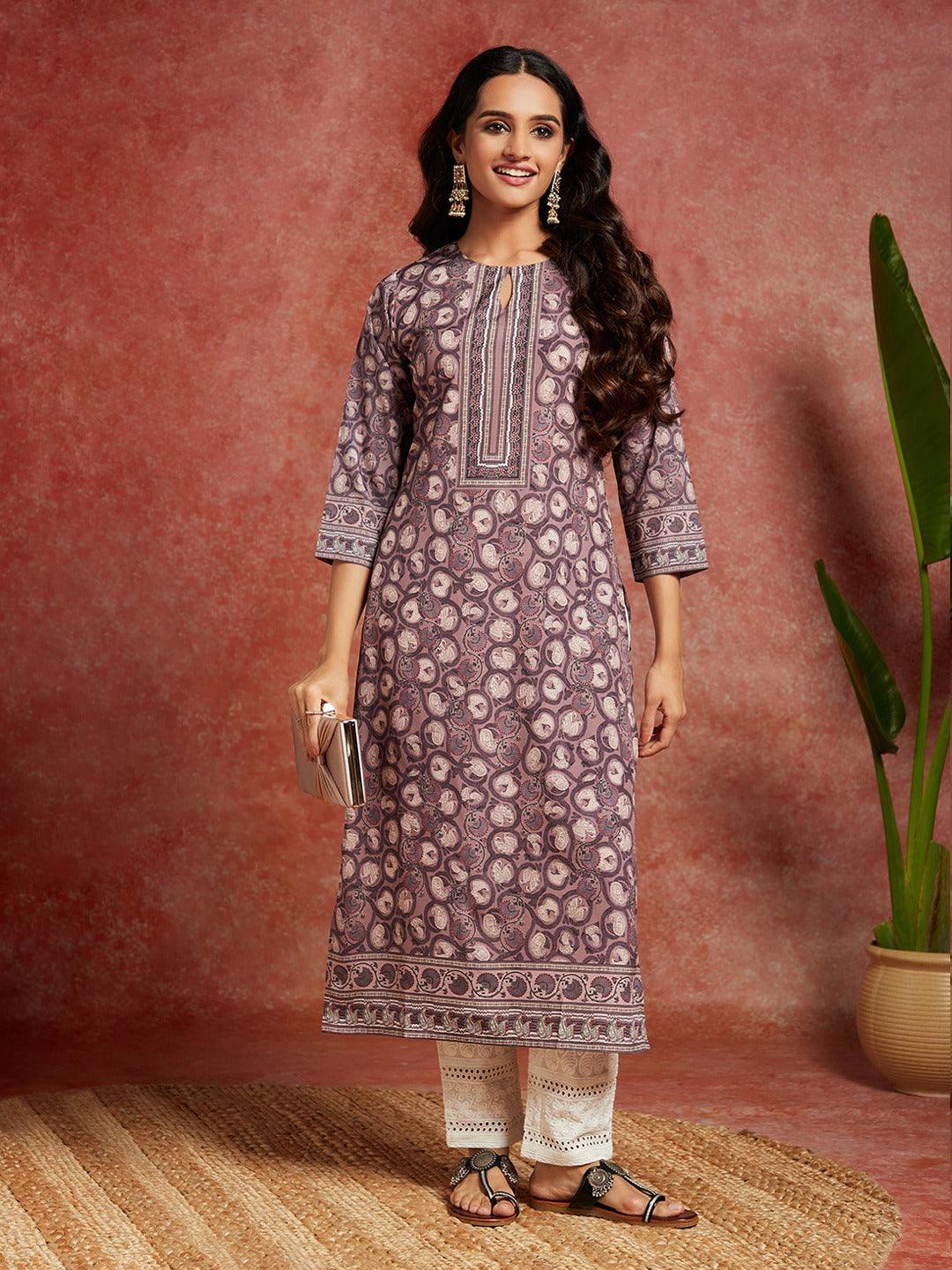 Mauve Printed Crepe Straight Kurta - Libas