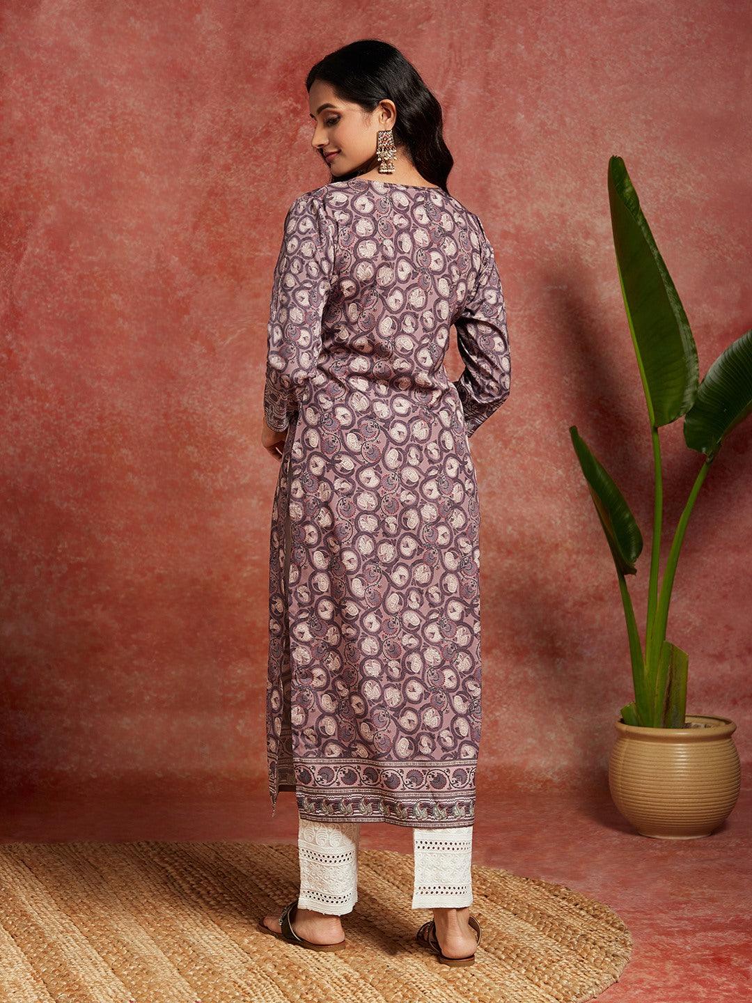 Mauve Printed Crepe Straight Kurta - Libas