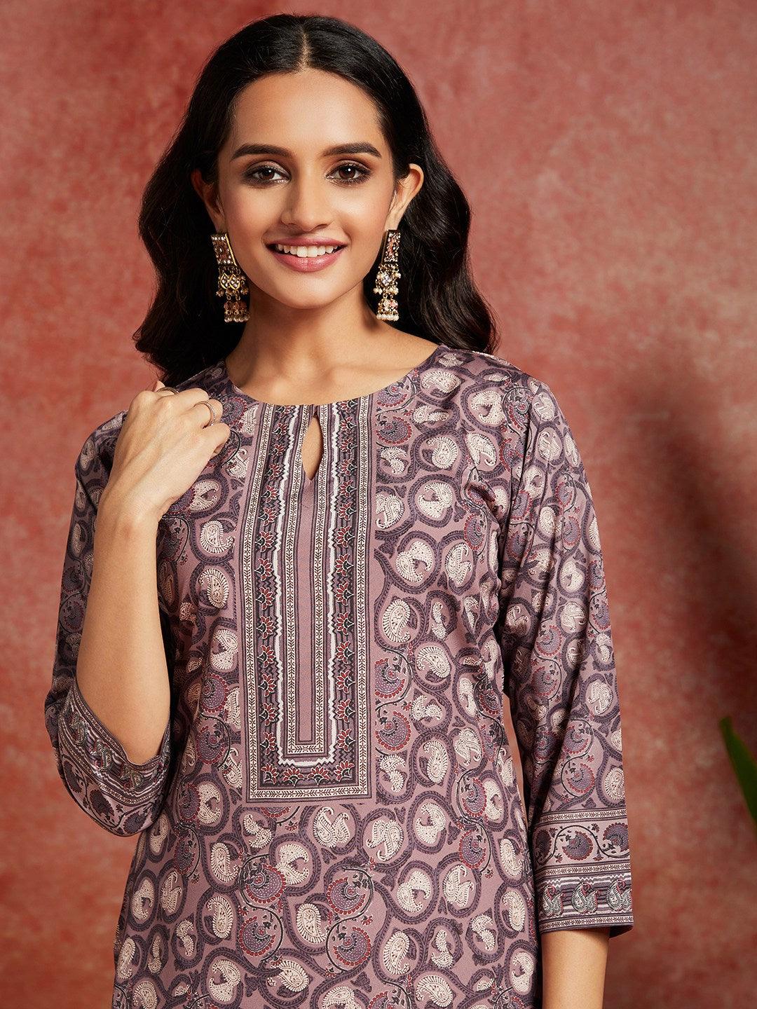 Mauve Printed Crepe Straight Kurta - Libas