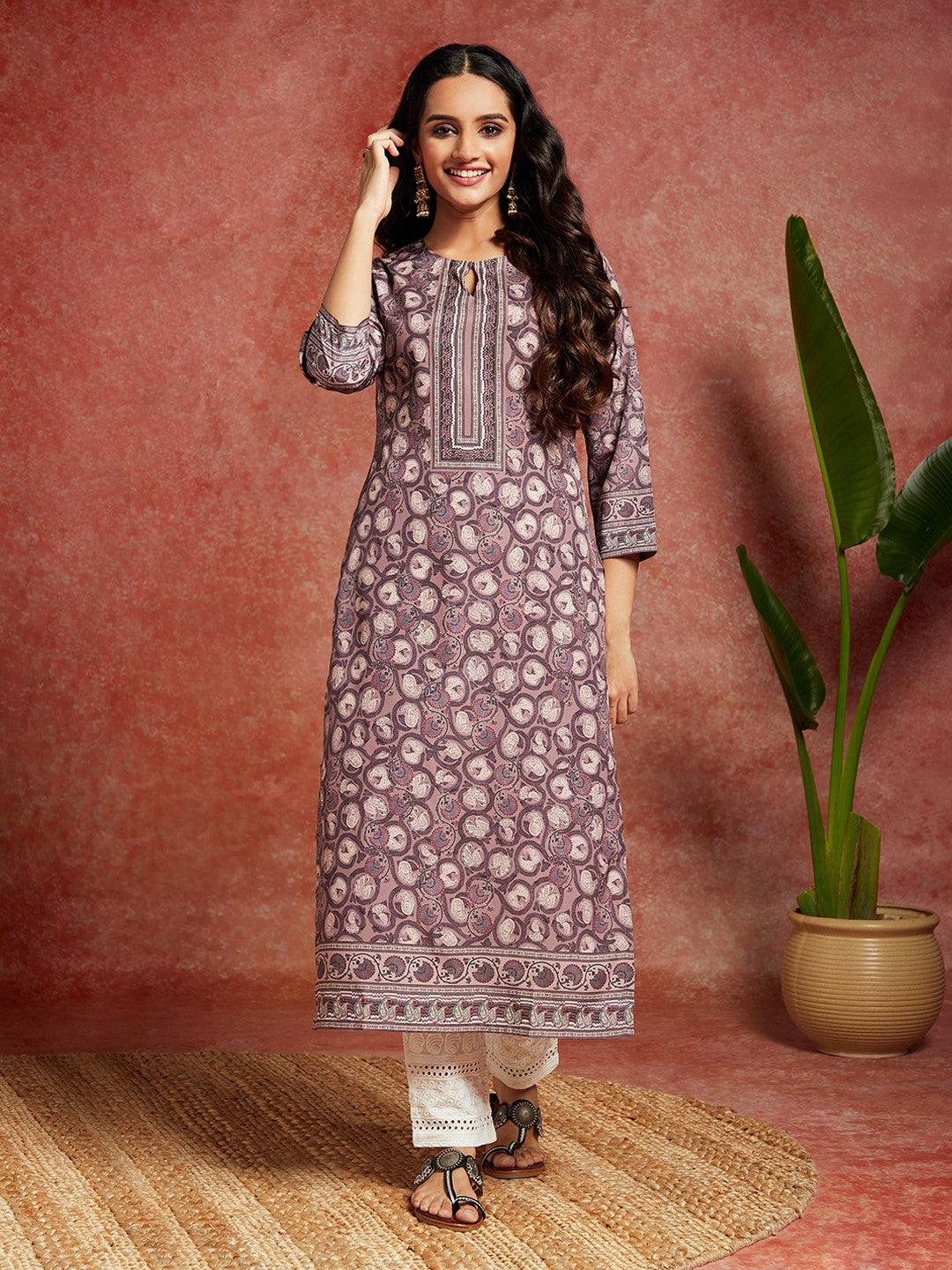 Mauve Printed Crepe Straight Kurta - Libas