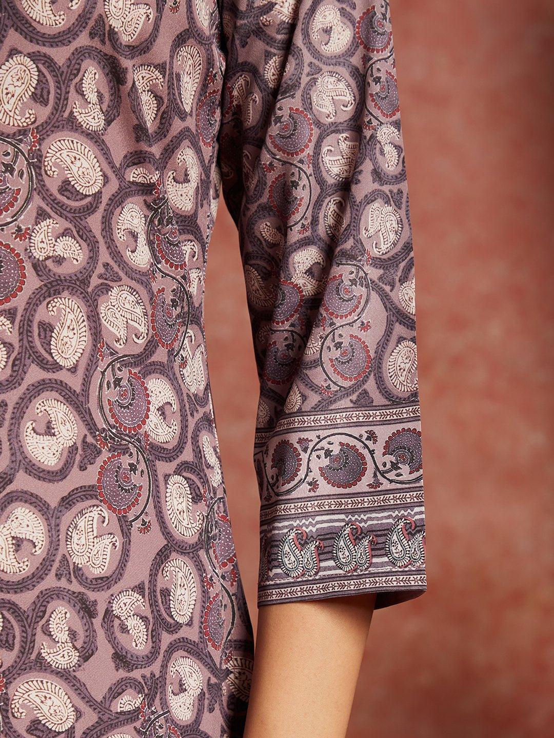 Mauve Printed Crepe Straight Kurta - Libas