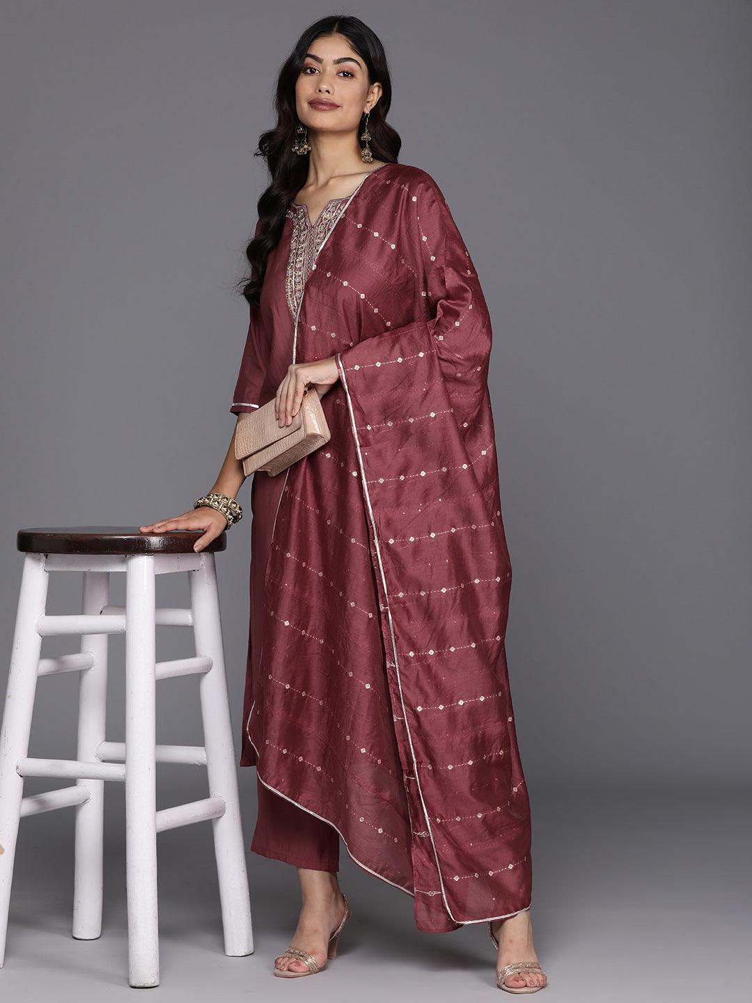 Mauve Yoke Design Silk Blend Straight Kurta With Trousers & Dupatta - Libas