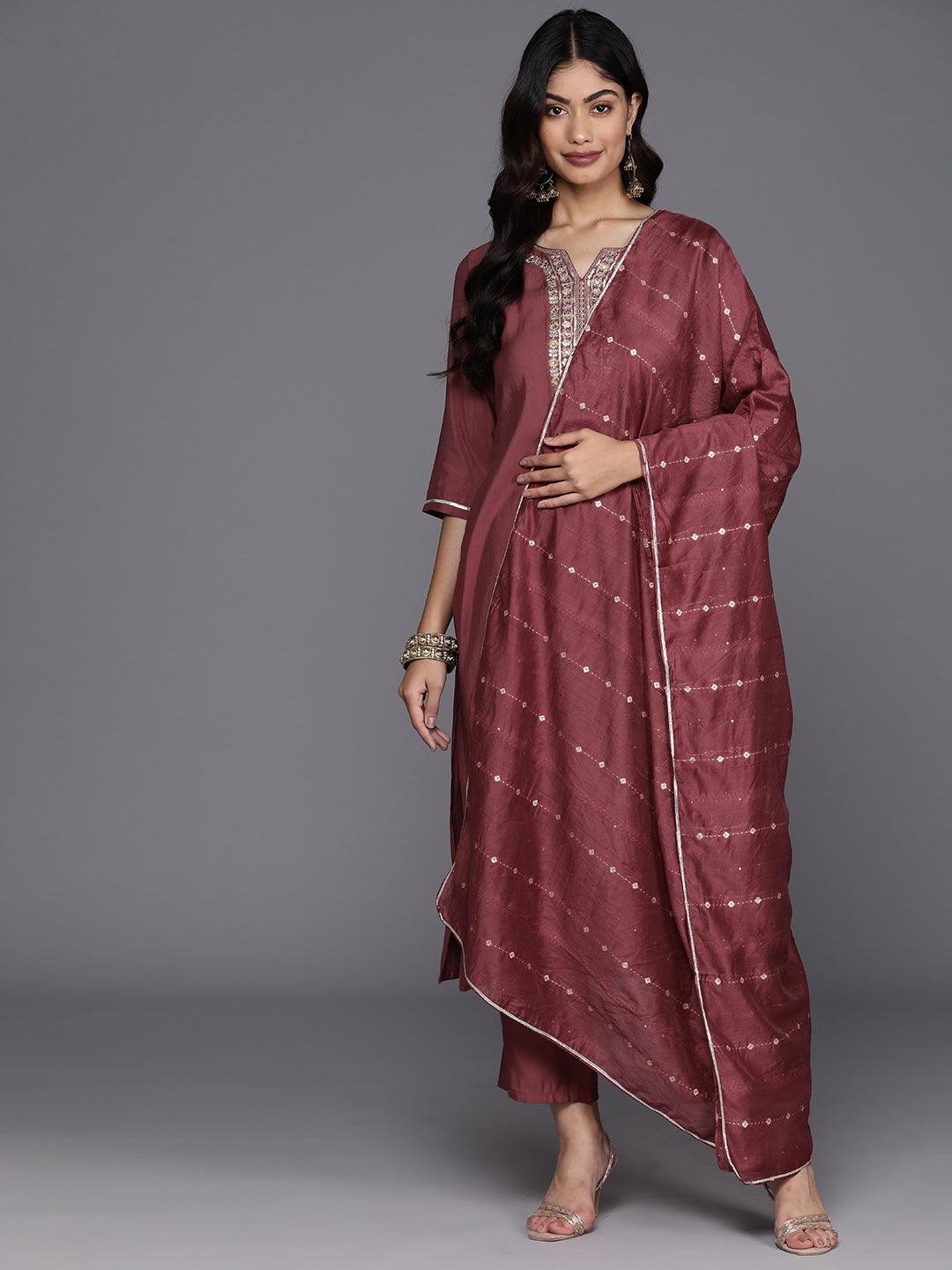 Mauve Yoke Design Silk Blend Straight Kurta With Trousers & Dupatta - Libas 