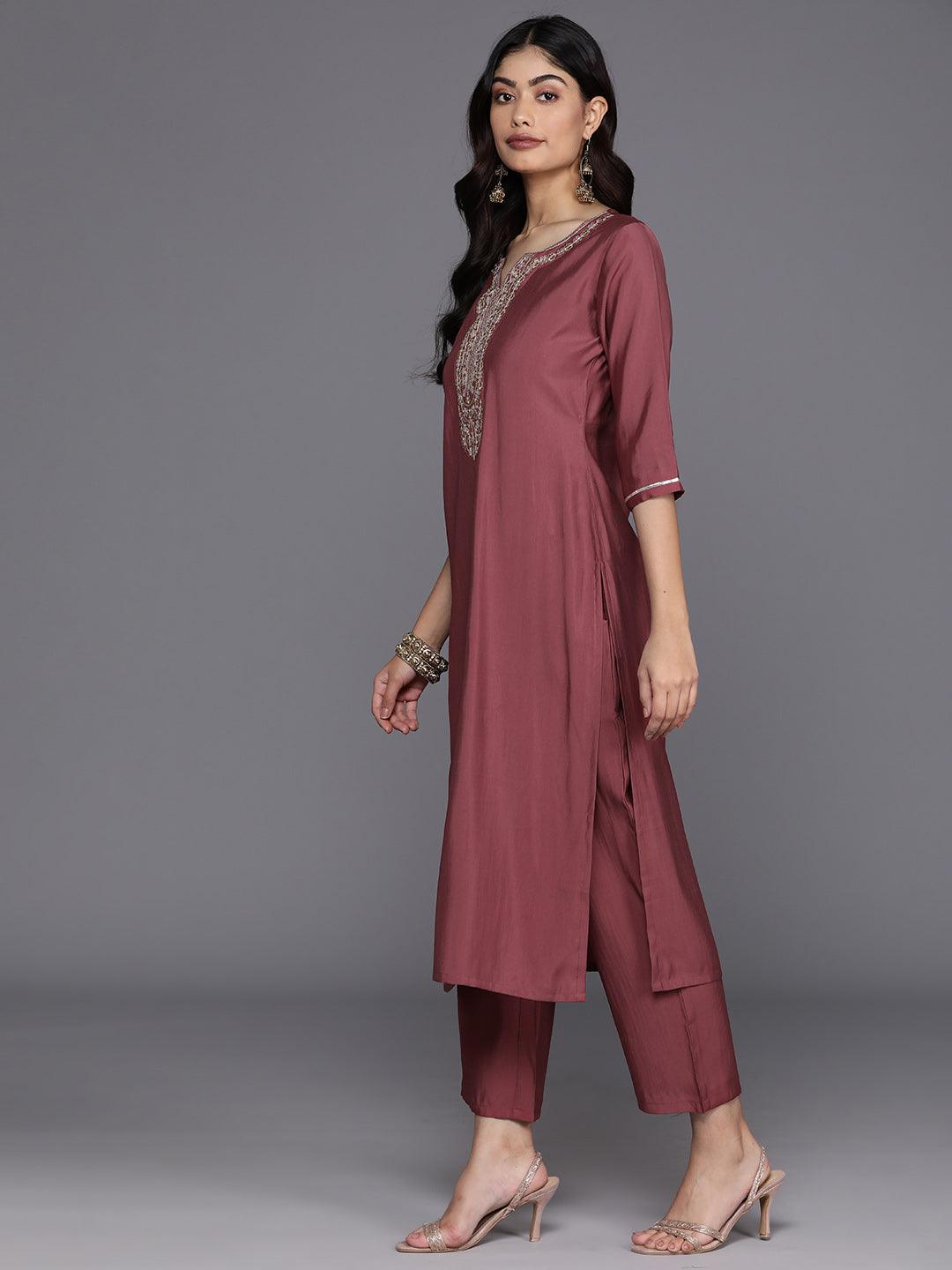 Mauve Yoke Design Silk Blend Straight Kurta With Trousers & Dupatta - Libas 