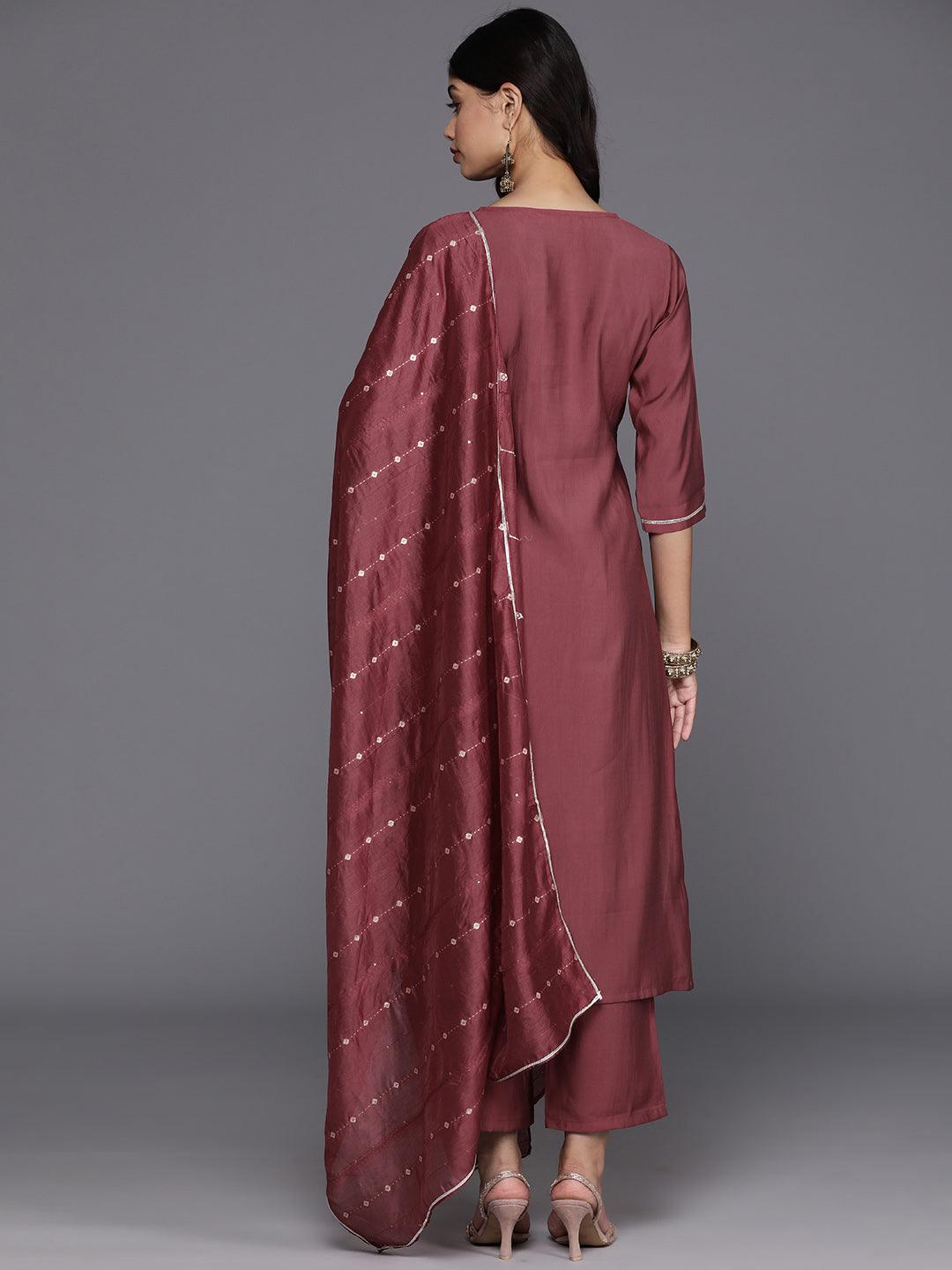 Mauve Yoke Design Silk Blend Straight Kurta With Trousers & Dupatta - Libas