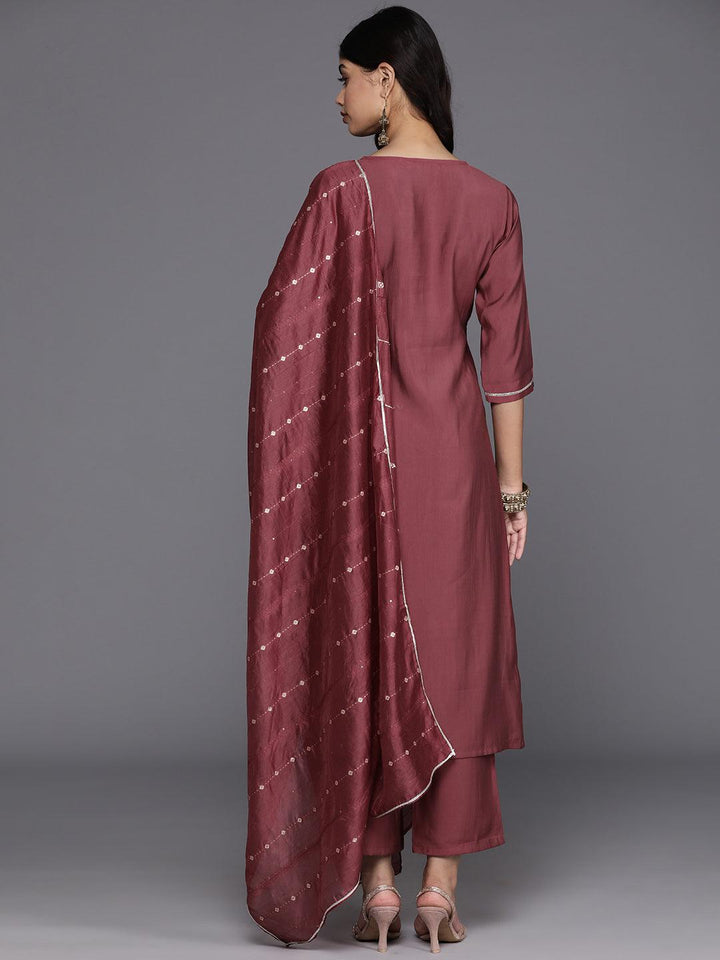 Mauve Yoke Design Silk Blend Straight Kurta With Trousers & Dupatta - Libas