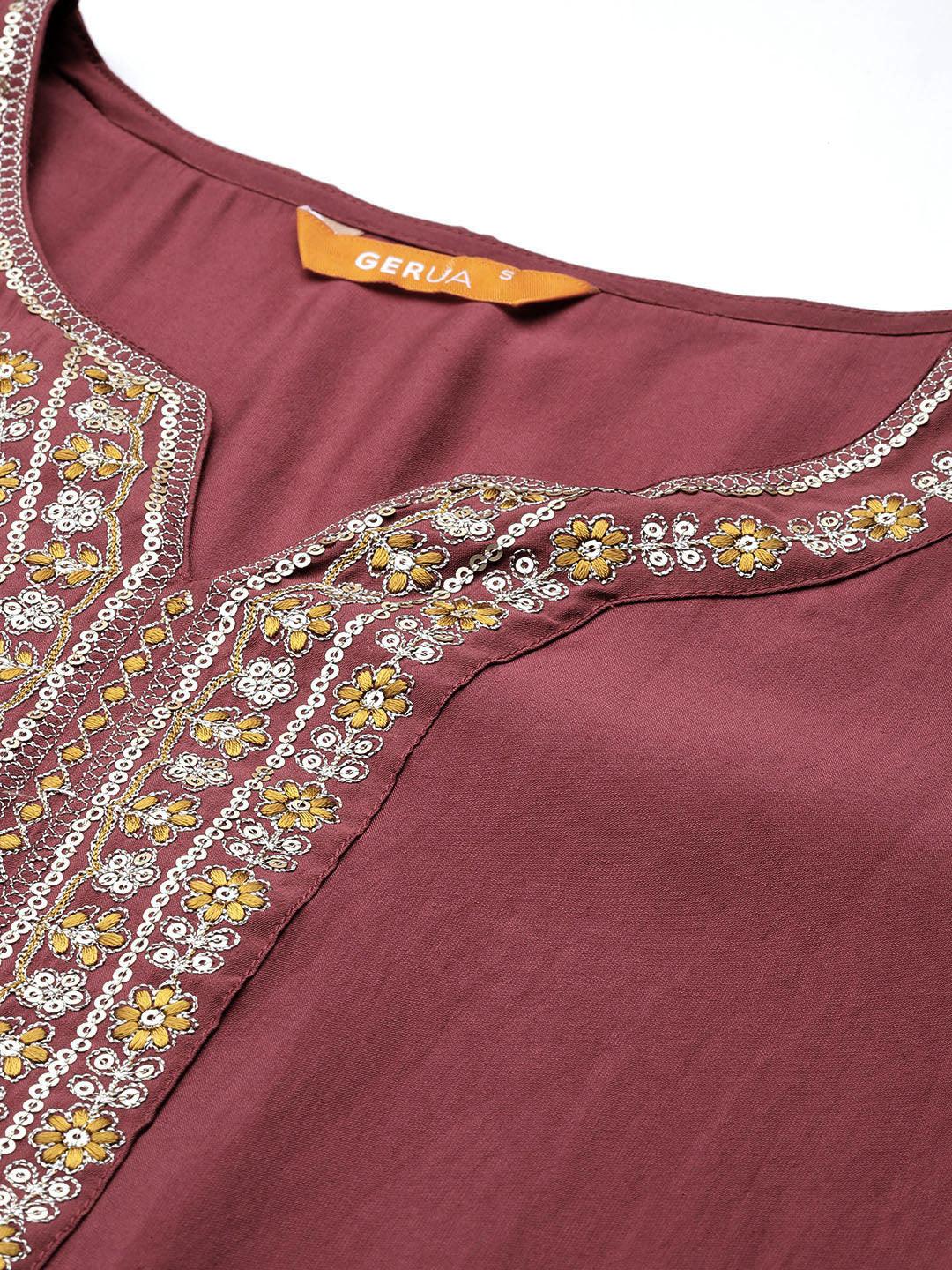 Mauve Yoke Design Silk Blend Straight Kurta With Trousers & Dupatta - Libas 