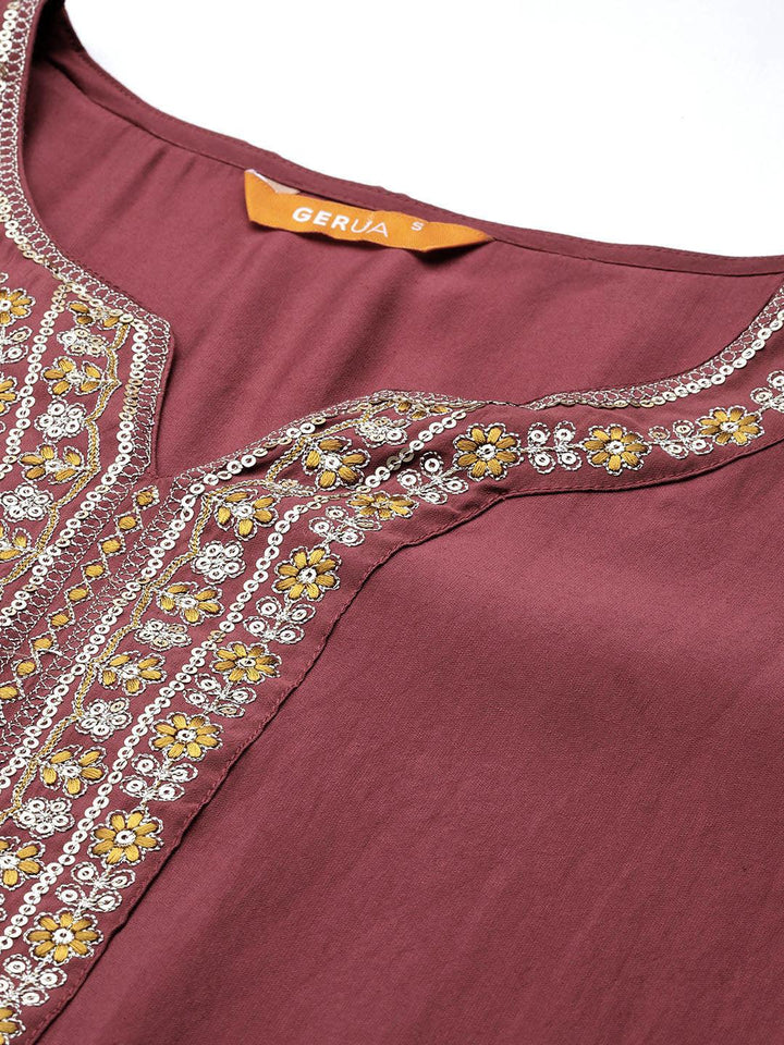 Mauve Yoke Design Silk Blend Straight Kurta With Trousers & Dupatta - Libas