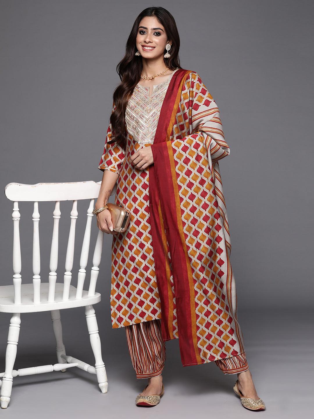 Multi Printed Silk Blend Straight Kurta With Salwar & Dupatta - Libas 