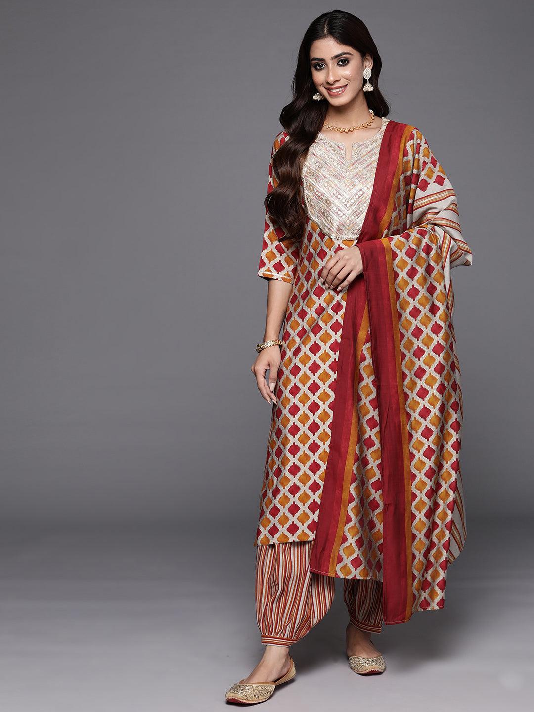 Multi Printed Silk Blend Straight Kurta With Salwar & Dupatta - Libas