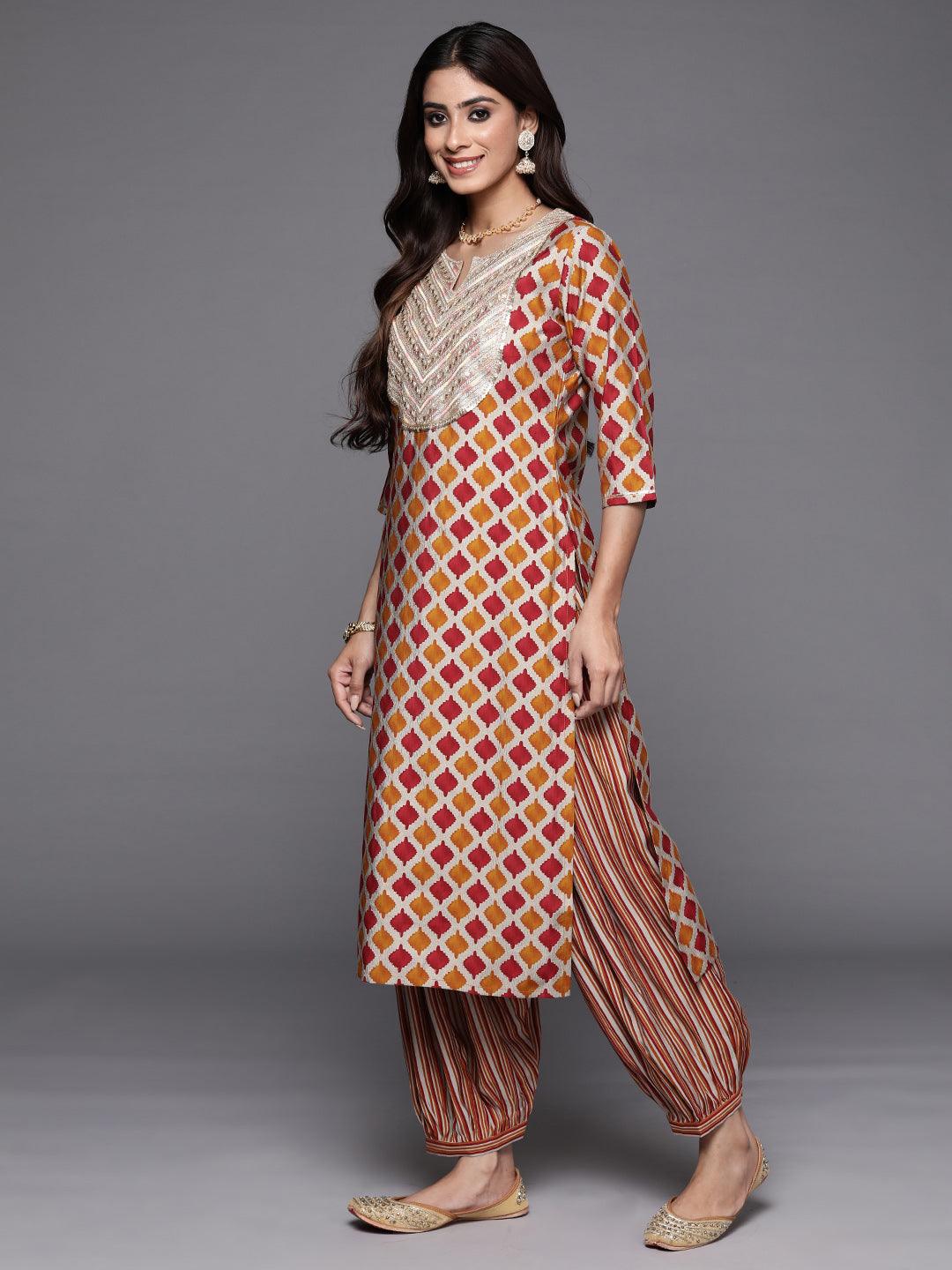 Multi Printed Silk Blend Straight Kurta With Salwar & Dupatta - Libas 