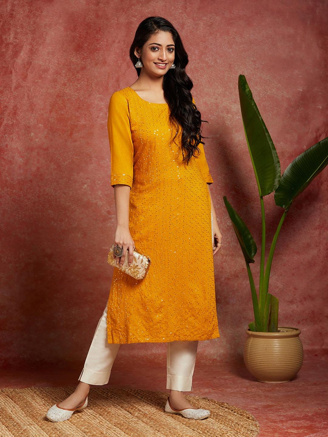 Mustard Embellished Rayon Straight Kurta - Libas