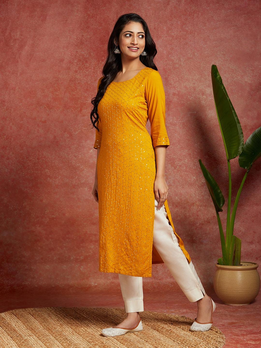 Mustard Embellished Rayon Straight Kurta - Libas