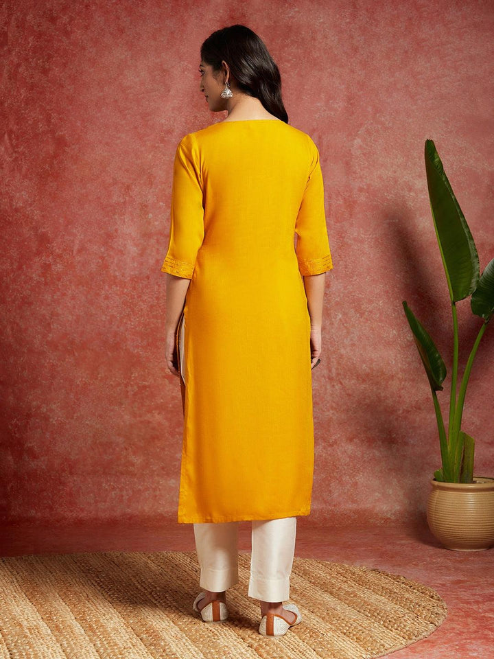 Mustard Embellished Rayon Straight Kurta - Libas