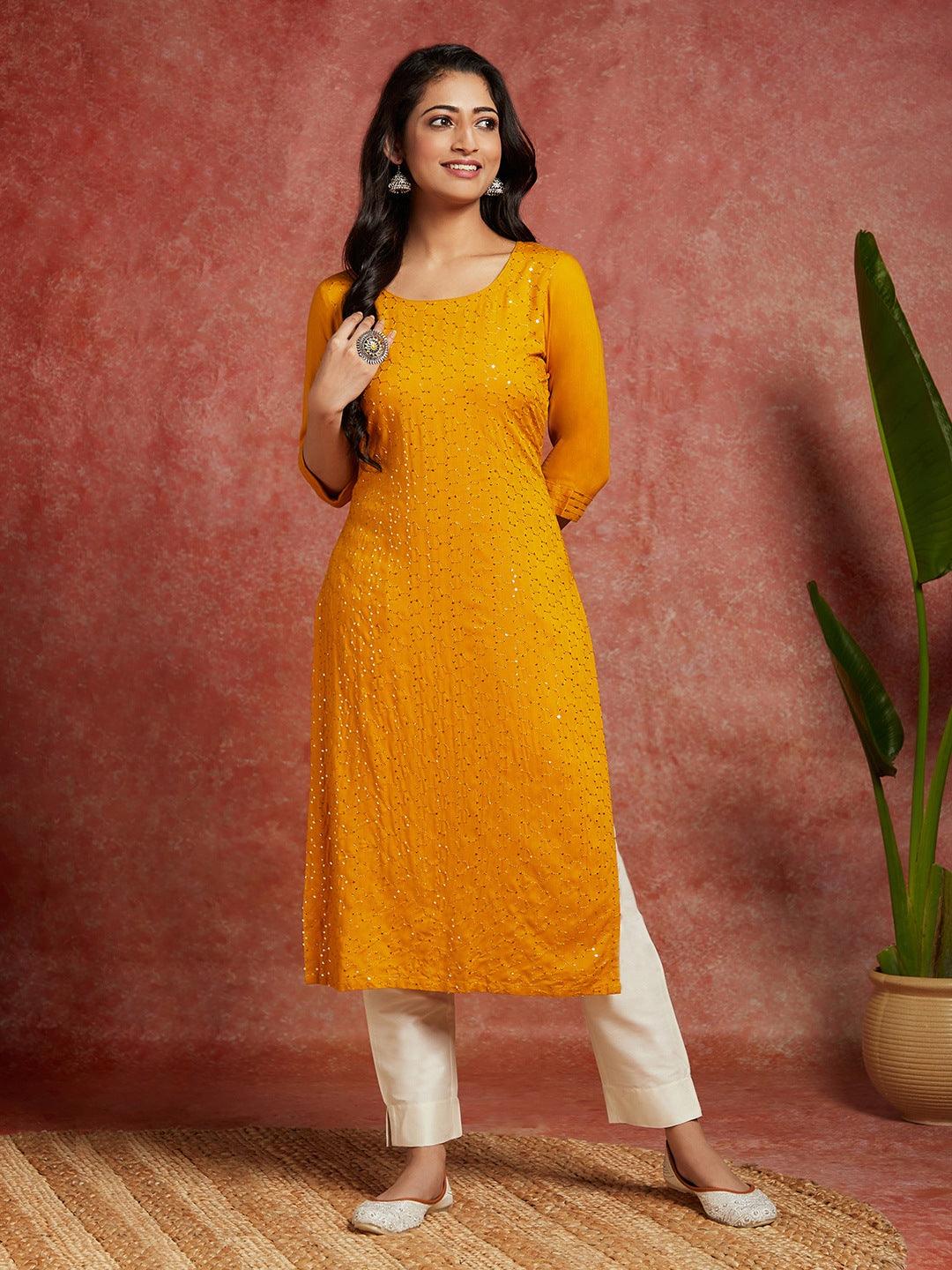 Mustard Embellished Rayon Straight Kurta - Libas