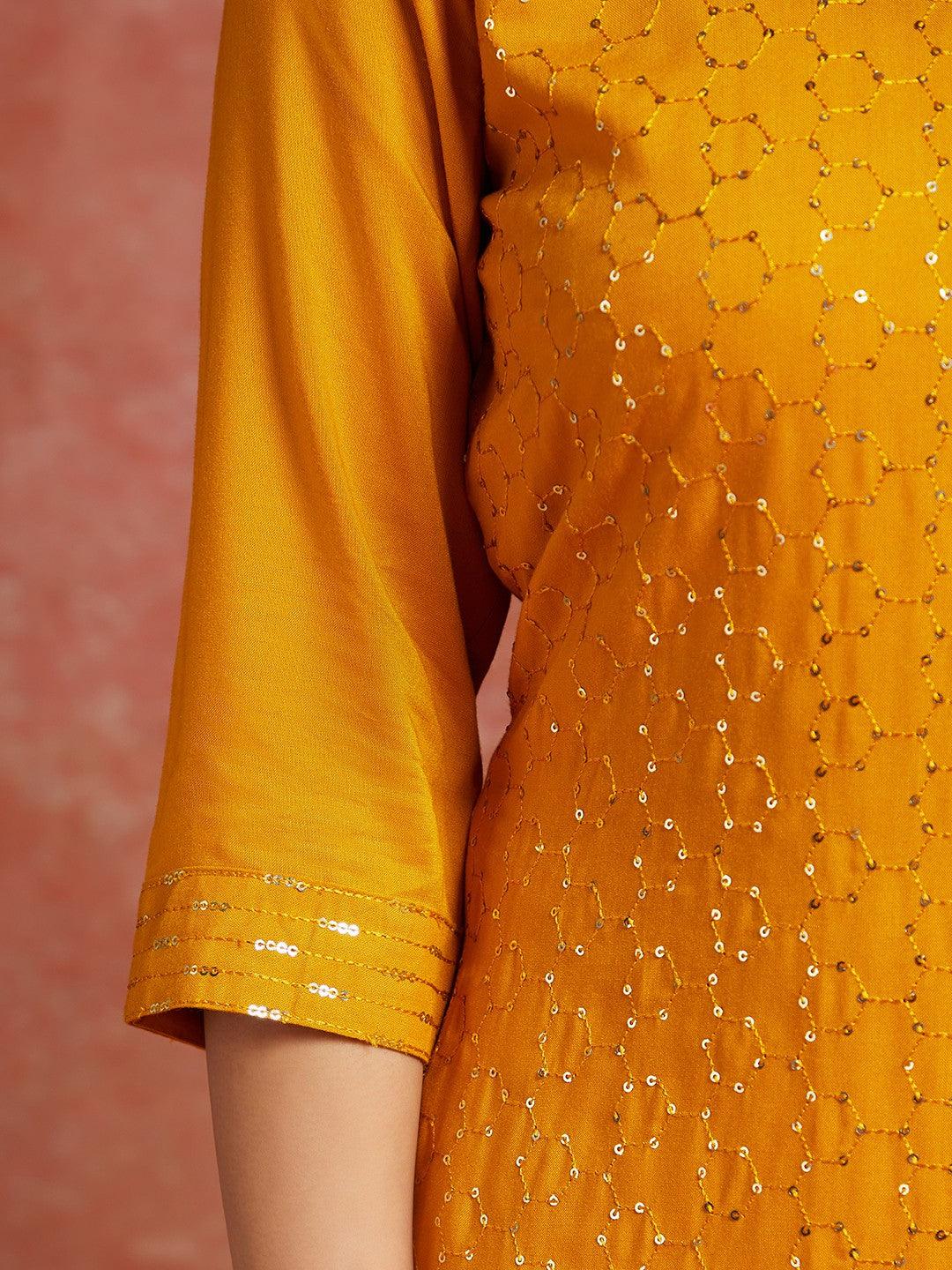 Mustard Embellished Rayon Straight Kurta - Libas