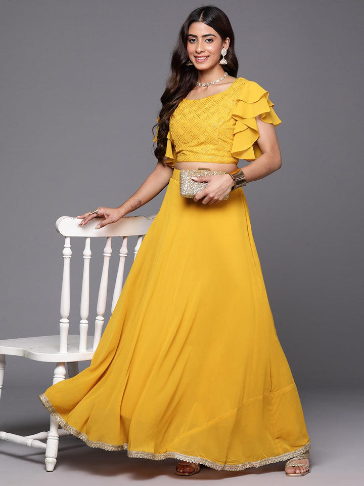 Mustard Embroidered Georgette Lehenga - Libas