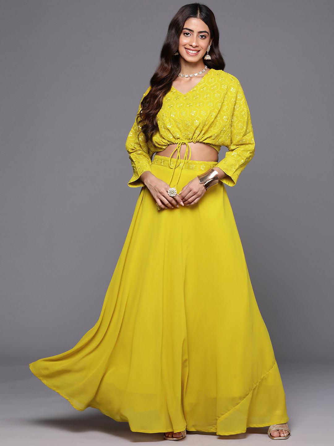 Mustard Embroidered Georgette Lehenga - Libas 