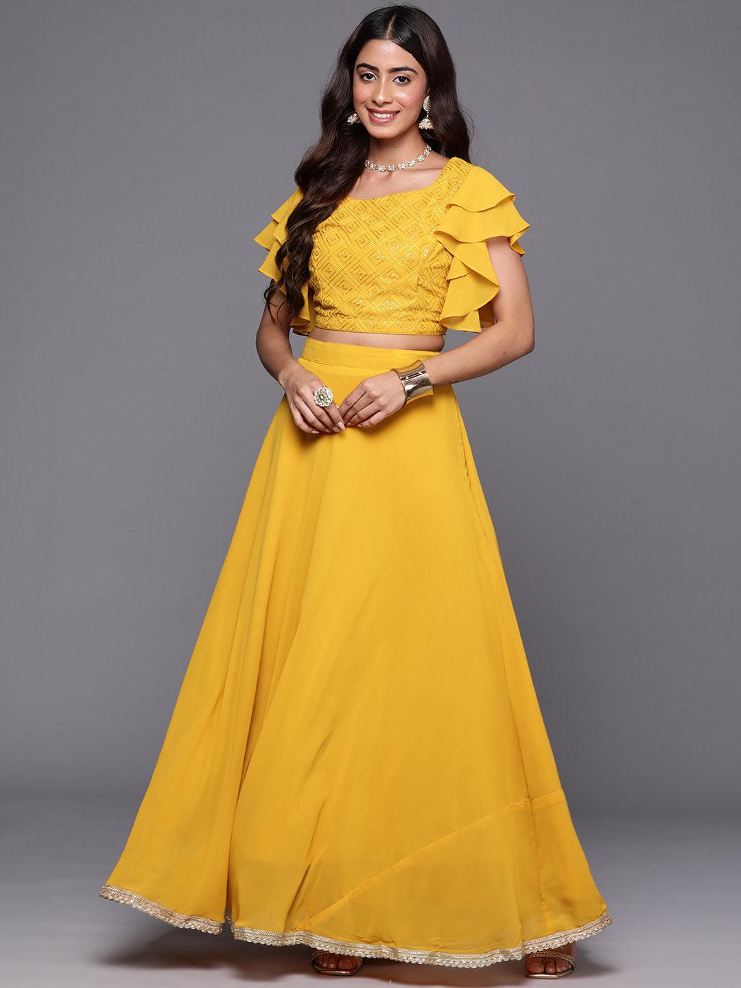 Mustard Embroidered Georgette Lehenga - Libas 