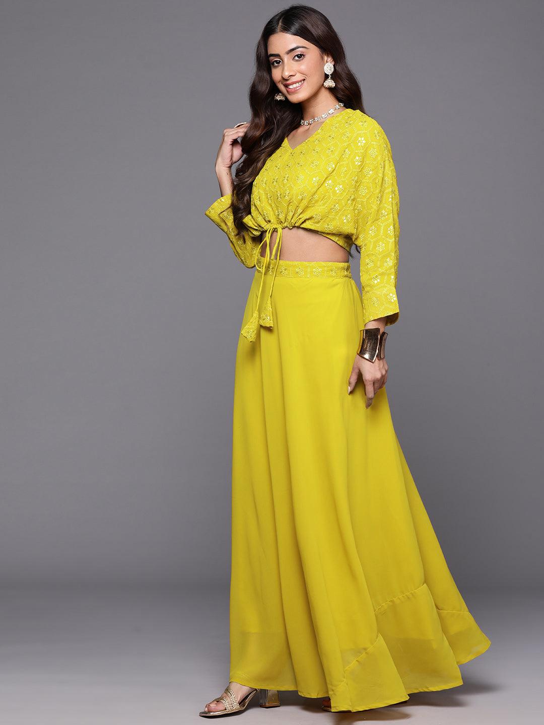 Mustard Embroidered Georgette Lehenga - Libas 