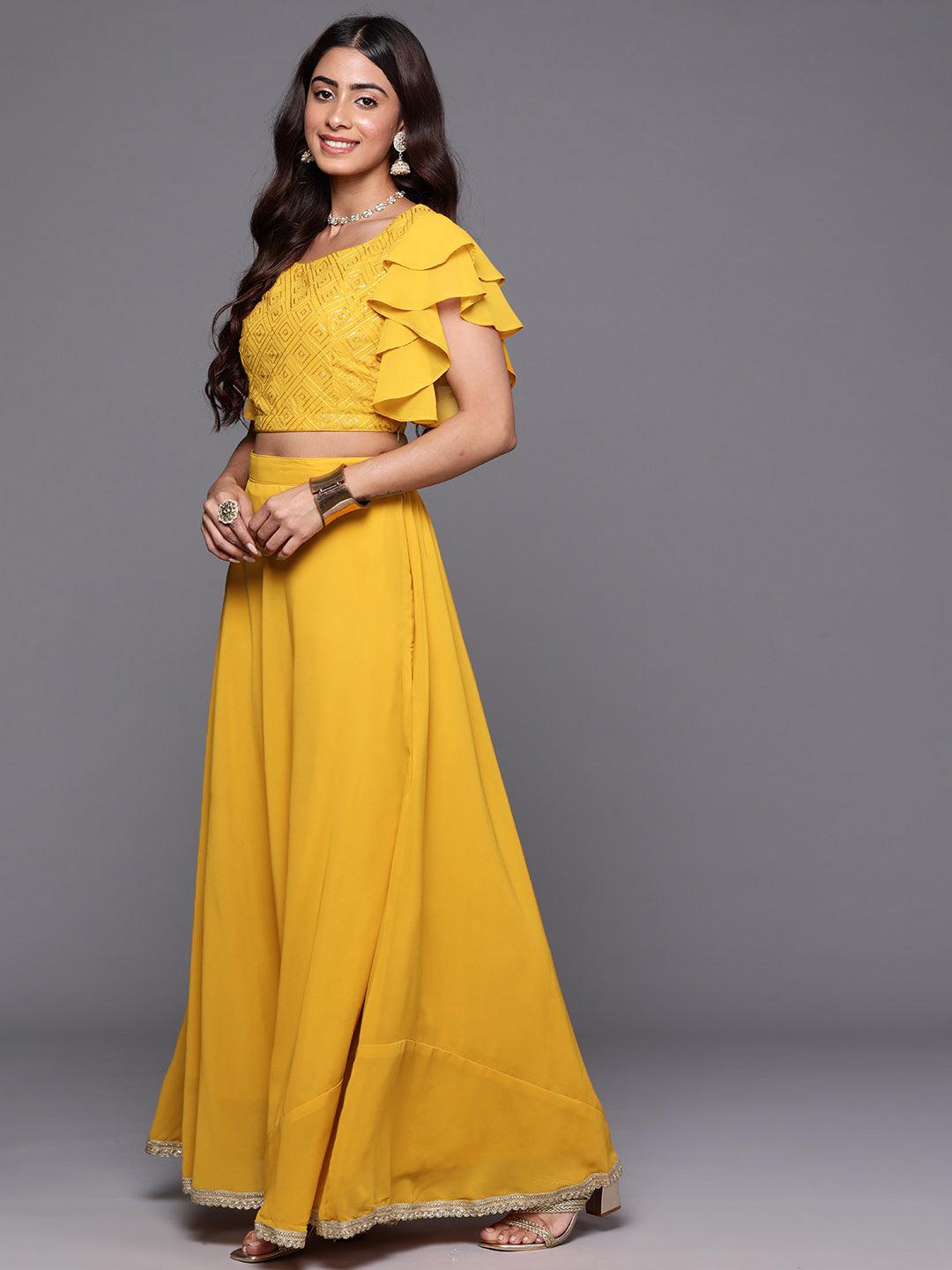 Mustard Embroidered Georgette Lehenga - Libas 