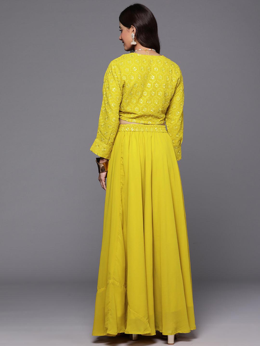 Mustard Embroidered Georgette Lehenga - Libas 