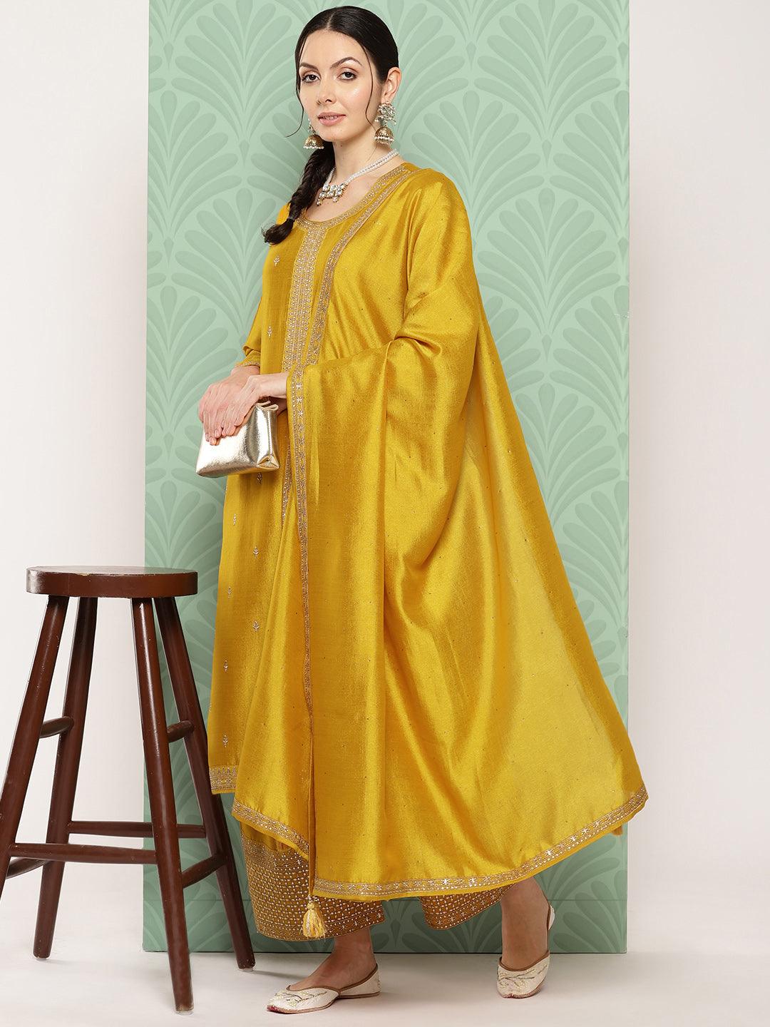 Mustard Embroidered Silk Blend Straight Kurta With Palazzos & Dupatta - Libas