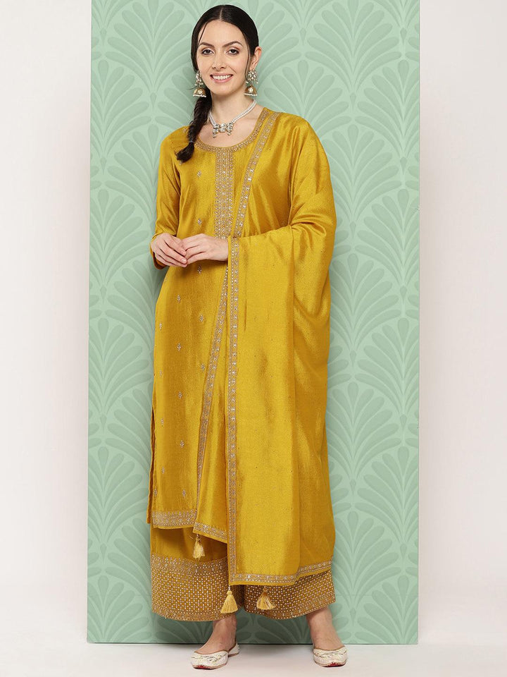 Mustard Embroidered Silk Blend Straight Kurta With Palazzos & Dupatta - Libas