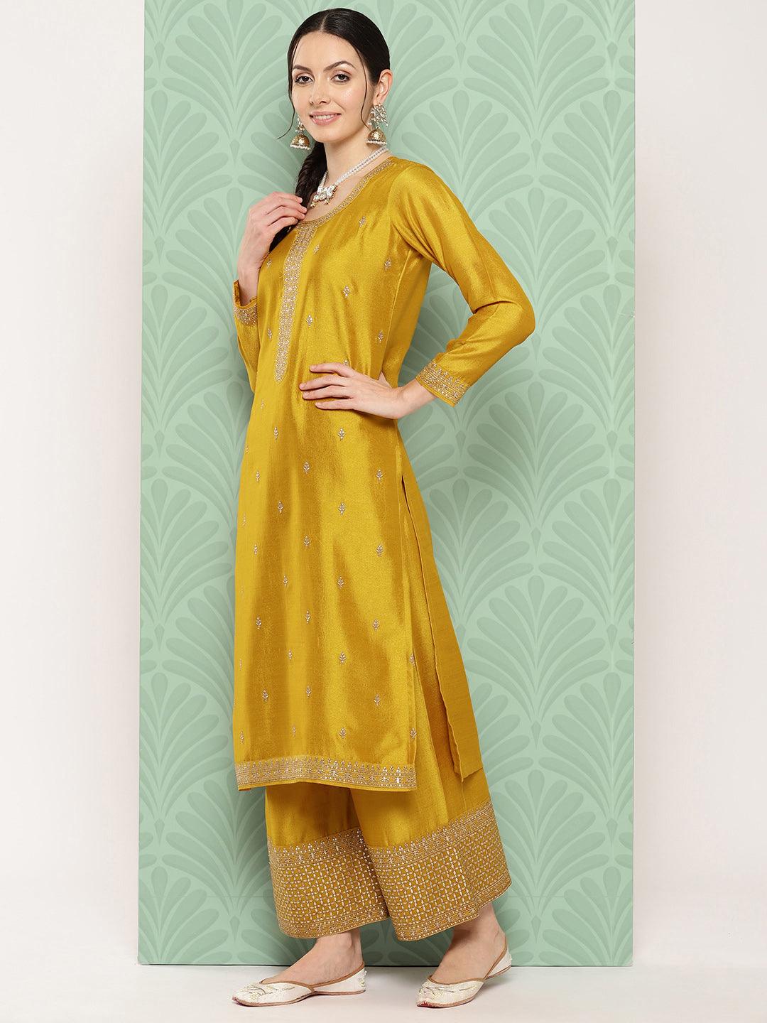 Mustard Embroidered Silk Blend Straight Kurta With Palazzos & Dupatta - Libas