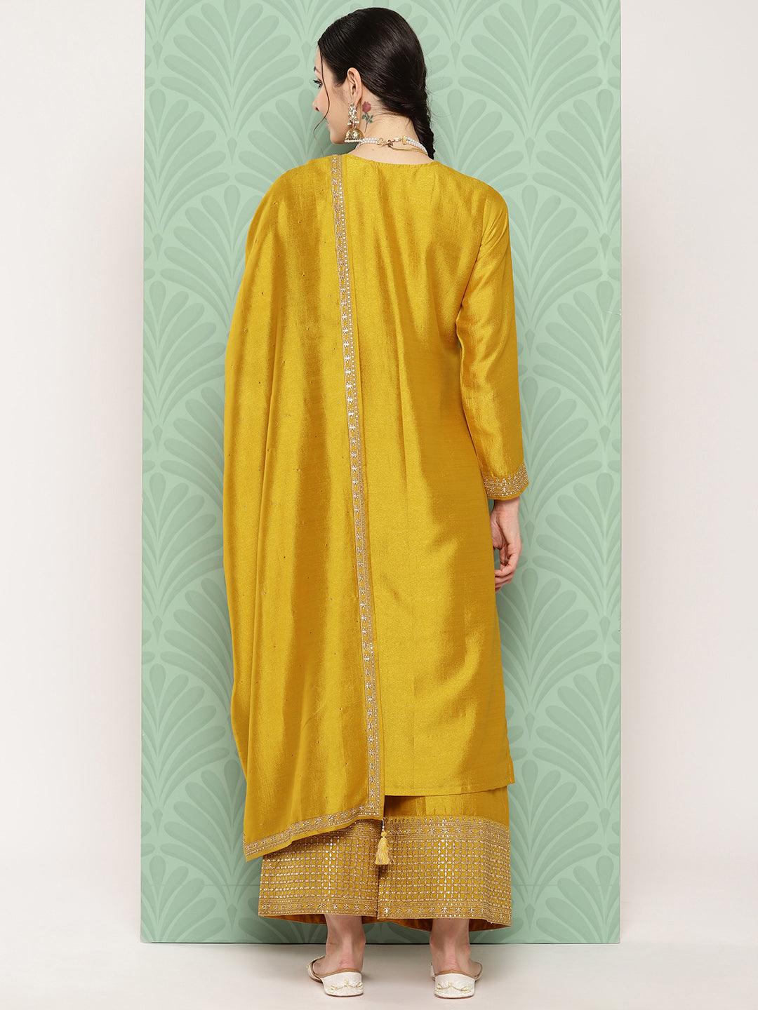 Mustard Embroidered Silk Blend Straight Kurta With Palazzos & Dupatta - Libas