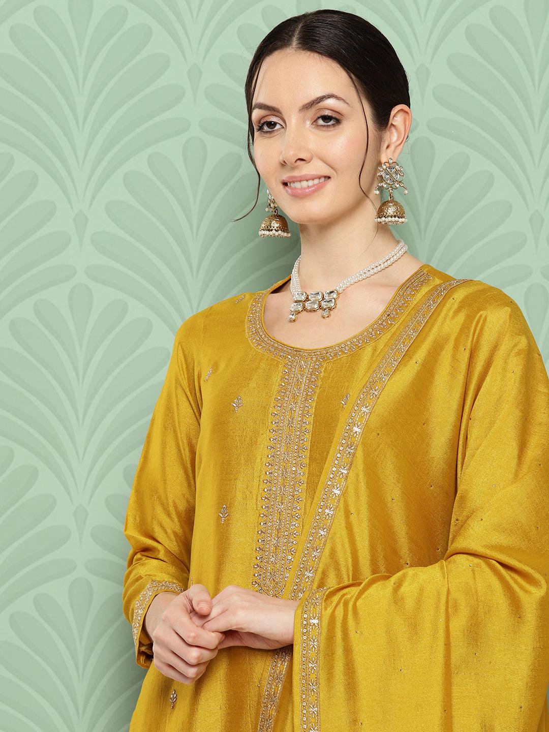 Mustard Embroidered Silk Blend Straight Kurta With Palazzos & Dupatta - Libas