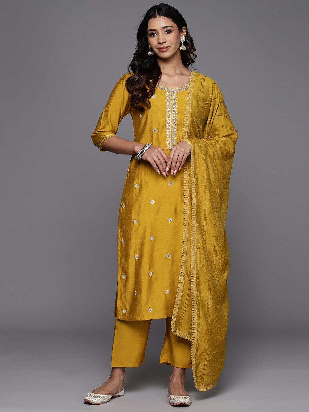 Mustard Embroidered Silk Blend Straight Kurta With Trousers & Dupatta - Libas