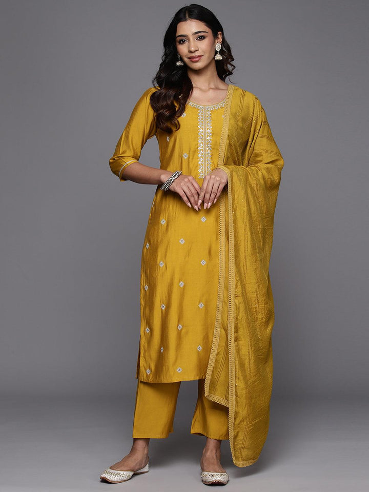 Mustard Embroidered Silk Blend Straight Kurta With Trousers & Dupatta - Libas