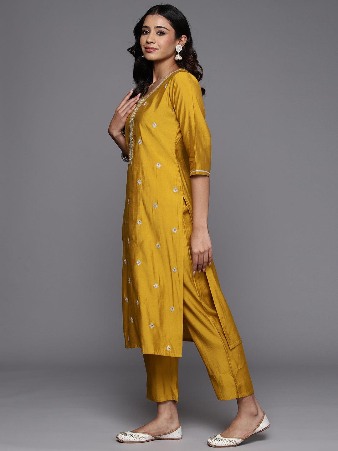 Mustard Embroidered Silk Blend Straight Kurta With Trousers & Dupatta - Libas 